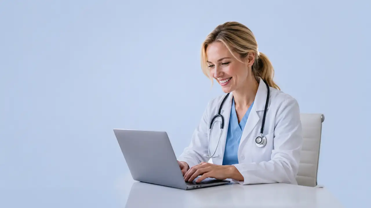 Médica usando a Clint no notebook